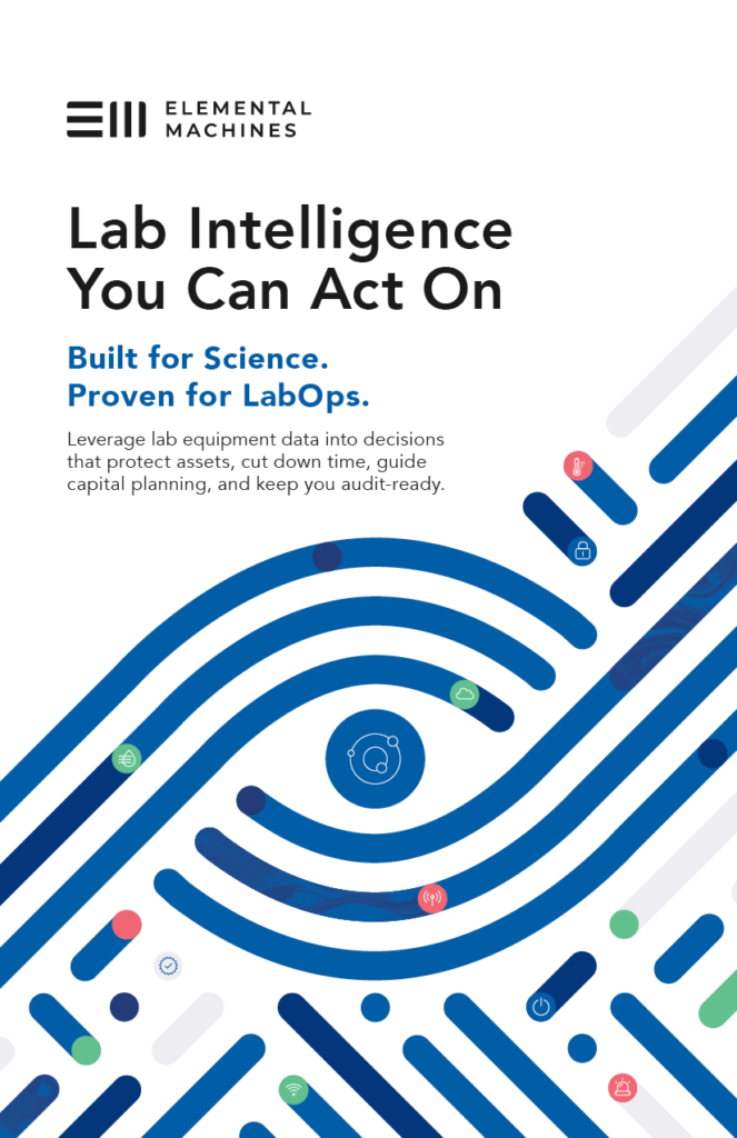 Promotional graphic for Elemental Machines featuring the company logo at the top, the headline Lab Intelligence You Can Act On, and supporting text about leveraging lab equipment data. The lower portion shows an abstract blue pattern forming an eye shape with various colored icons representing lab operations and data features.