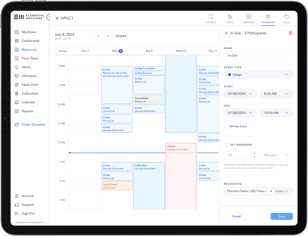 Elemental Machines calendar view showing scheduled equipment usage, outages, and calibration events with participants and time slots.